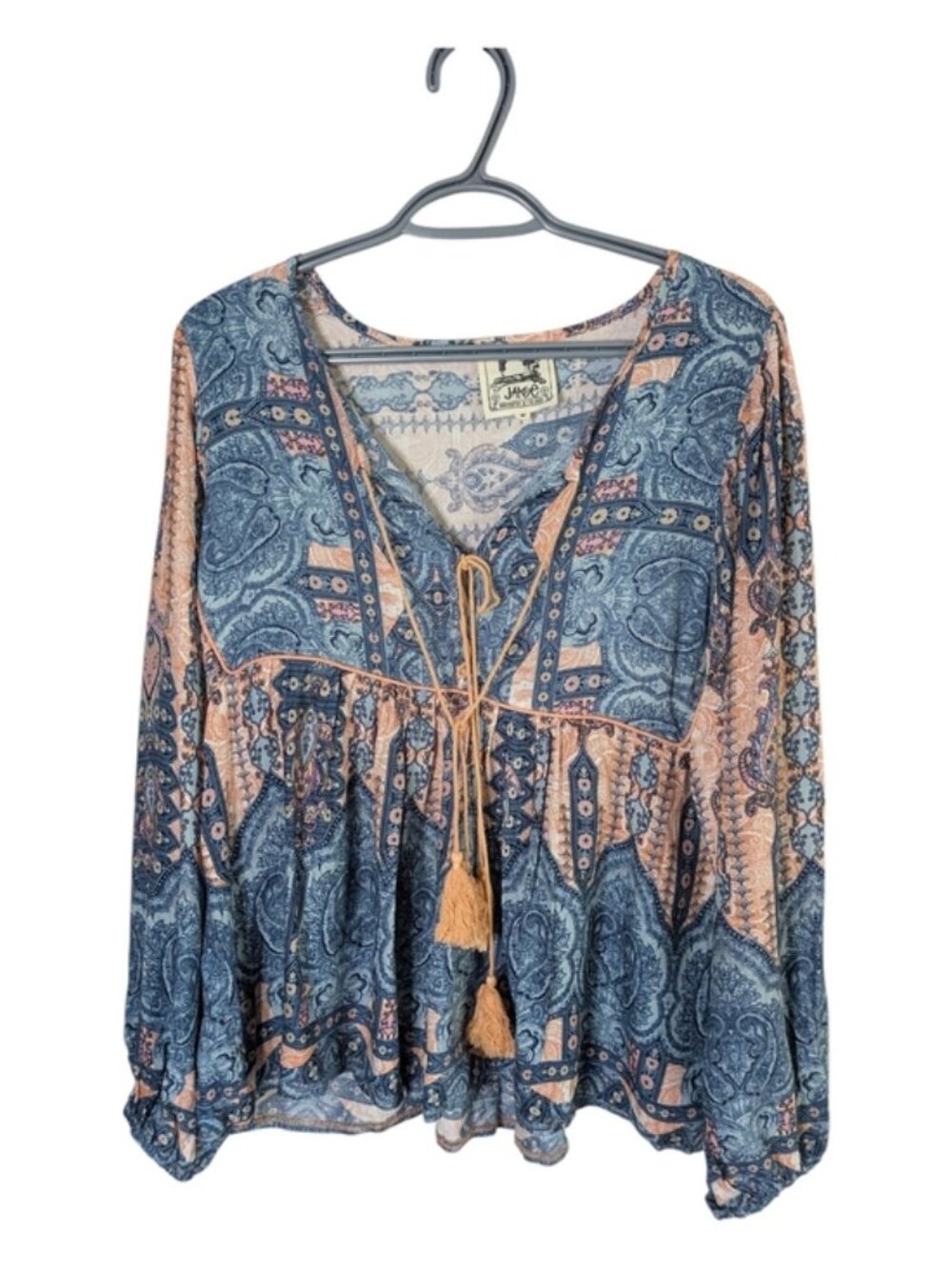 Jaase Women's Size Medium Blouse Tassels Long Sleeve Paisley Boho Peasant